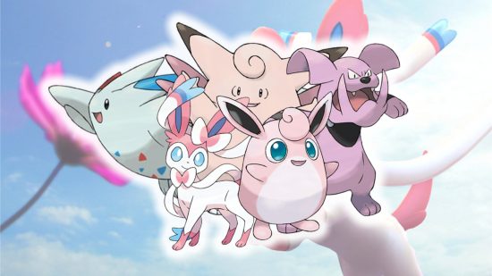 Fairy Pokemon - Togekiss, Sylveon, Clefable, Wigglytuff, and Granbull in front of a bright background