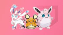 Custom image for fairy Pokemon weakness guide with Dedenne, Sylveon, and Wigglytuff on a pink background