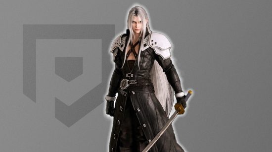 Final Fantasy VII's Sephiroth in front of a grey PT background