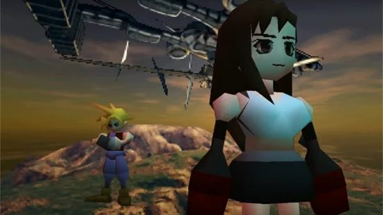 FFVII's Tifa stood in front of Cloud on a cliff