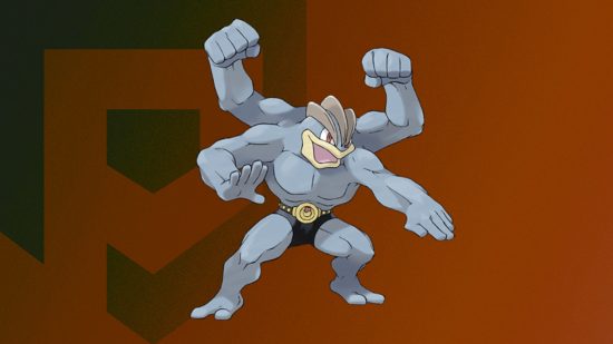 The fighting Pokemon Machamp posing in front of a reddish brown background