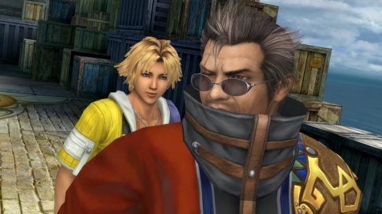 FFX Auron stood on a dock with Tidus