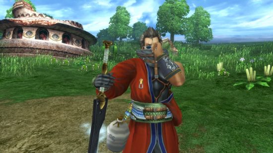 FFX Auron victory pose in a green field
