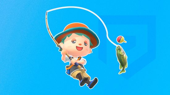 Custom image for fishing games guide with Animal Crossing character pulling in a fish