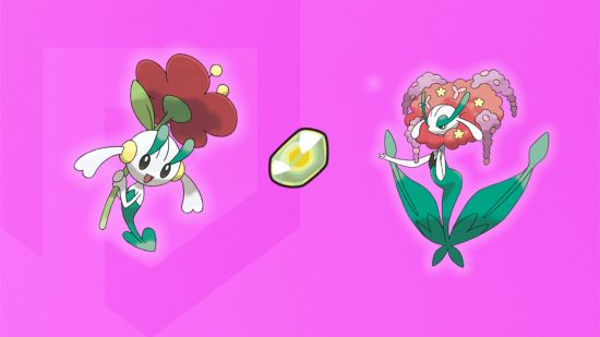 Floette evolution - Floette and florges with a shiny stone in between them in front of a pink background