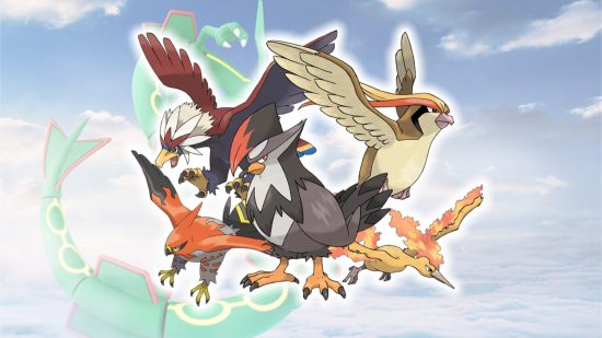 Flying Pokemon - Braviary, Talonflame, Staraptor, Moltres, and Pidegot flying in front of Rayquaza