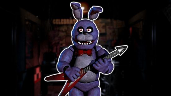 FNAF Bonnie: Bonnie's original design outlined in white and pasted on a blurred version of the FNAF 1 security office