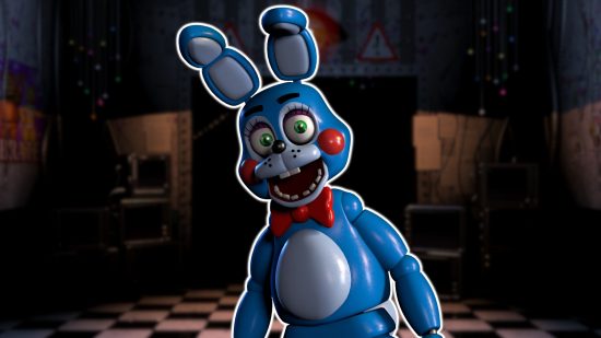 FNAF Bonnie: Toy Bonnie outlined in white and pasted on a blurred version of the FNAF 2 security office