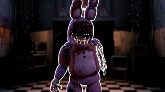 FNAF Bonnie: Withered Bonnie outlined in white and pasted on a blurred version of the FNAF 2 security office