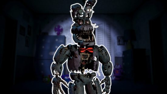 FNAF Bonnie: Nightmare Bonnie outline in white and pasted on a slightly blurred FNAF 4 bedroom