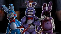 FNAF Bonnie: Classic Bonnie, Toy Bonnie, and withered Bonnie all outlined in white and pasted on a blurred FNAF 2 security room