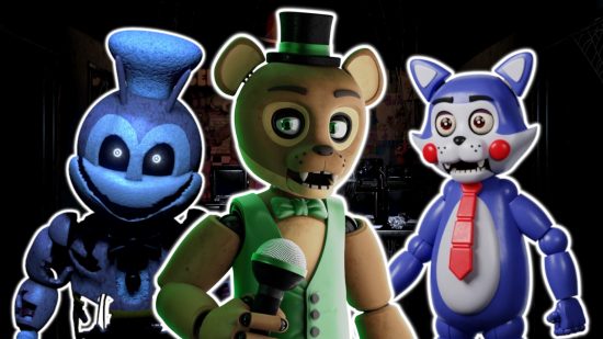 FNAF fan games: Three FNAF fan games characters outlined in white and pasted on a blurred FNAF location