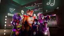 FNAF Security Breach review - Freddy, Roxy, Gregory, Monty, Chica, and Vanessa in a dimly lit room