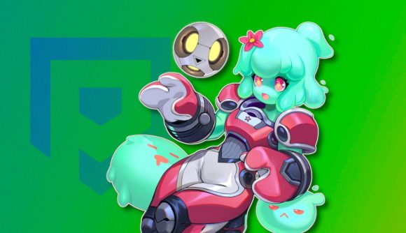 Football games: Juno the slime girl from Omega Strikers holding a ball instead of her slime friend, outlined in white and drop shadowed on a green PT background that resembles a soccer pitch