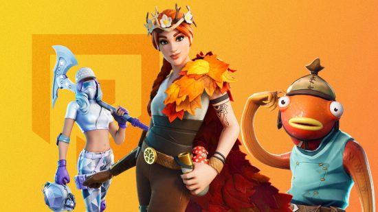 Fortnite characters: Three fortnite characters including Fishstick on a yellow PT background