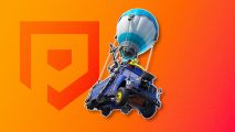 Fortnite map: The Battle Bus outlined in white and drop shadowed on an orange PT background