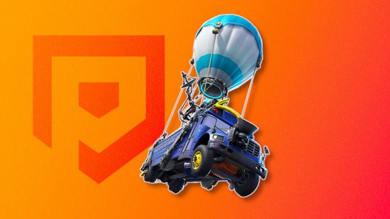 Fortnite map: The Battle Bus outlined in white and drop shadowed on an orange PT background