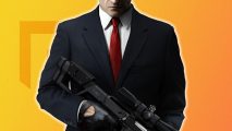 FPS games: Hitman's Agent 47 in front of a yellow background