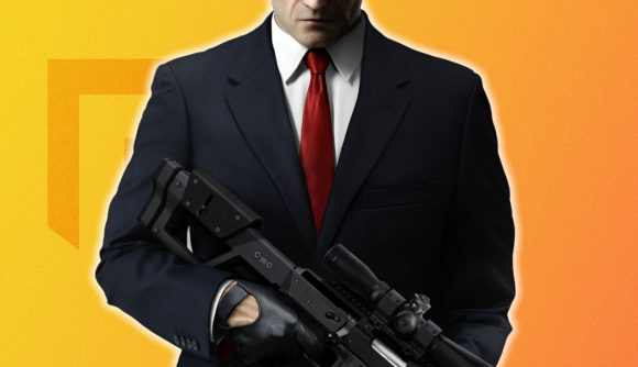 FPS games: Hitman's Agent 47 in front of a yellow background