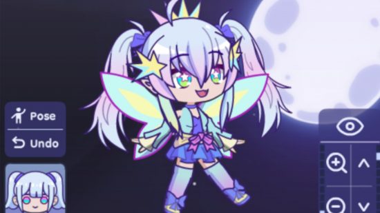 Gacha Life 2 download: A fairy character in the customization menu with silver twin tails and teal and yellow wings, flying near a full moon