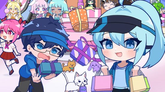 Gacha Life 2 download: Gacha Life 2 key art featuring Charlotte and the other NPCs shopping in a mall. They are drawn in chibi style and the blue boy next to Charlotte is dropping a stack of presents.