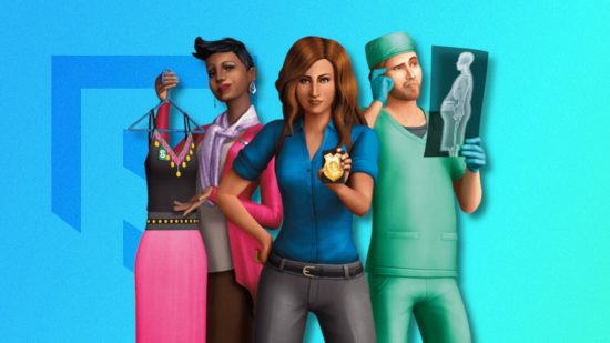 Games like The Sims: Three Sims (a shop assistant holding a dress, a detective, and a surgeon inspecting an X-ray) pasted on a blue PT background