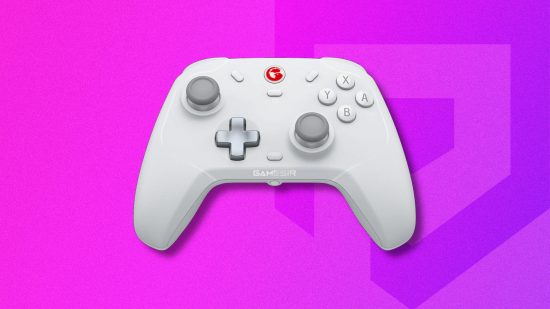 GameSir T4 Cyclone Switch controller review: The white T4 Cyclone controller pasted on a purple PT background with a slight drop shadow
