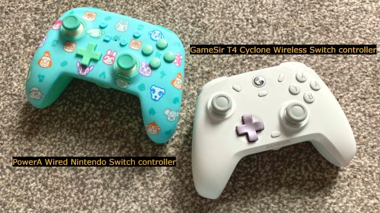 GameSir T4 Cyclone Switch controller review: The GameSir T4 Cyclone in white on the right next to an Animal Crossing PowerA Switch controller, with mango text on a black background labelling them as such