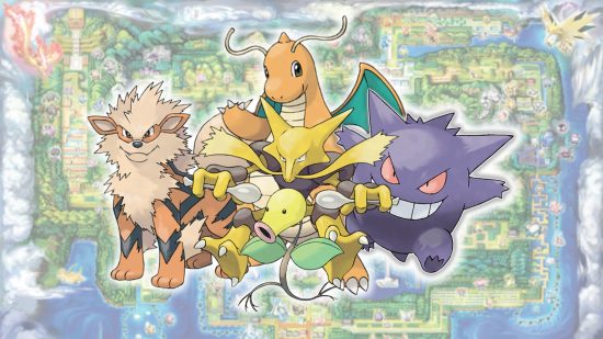 Gen 1 Pokemon Arcanine, Alakazam, Bellsprout, Dragonite, and Gengar in front of a map of Kanto
