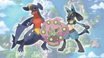 Gen 4 Pokemon Garchomp, Spiritomb, and Lucario in front of a map of Sinnoh