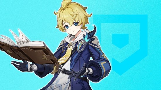 Genshin Impact Mika holding a book in front of a light blue Pocket Tactics background