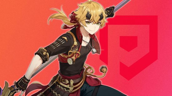 Genshin Impact Thoma holding his polearm in front of a red Pocket Tactics background