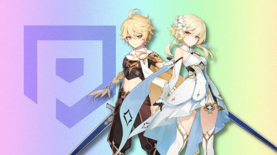 Genshin Impact's Travelers Aether and Lumine pasted on a pastel rainbow gradient background with a PT logo on the left.