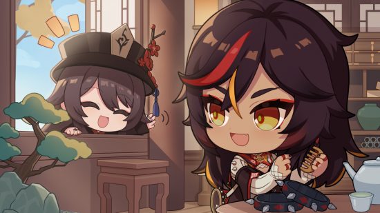 Chibi art of Genshin Impact's Xinyan with her hair down, holding her comb and smiling at Hu Tao who is poking her head in through a window