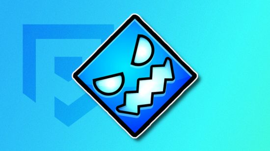 Geometry Dash SubZero: The blue square from the app icon outlined in white and pasted on a light blue PT background