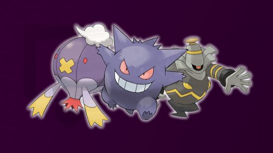Ghost Pokemon Weakness: Drifblim, Gengar, and Dusknoir in front of a purple background