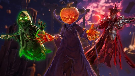Ghostbusters Spirits Unleashed release date: Three images of the Overlord specter, one in green, one with a pumpkin head, and one in red