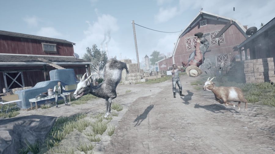 Goat Simulator 3 Mobile screenshot showing goats causing havoc on a farm