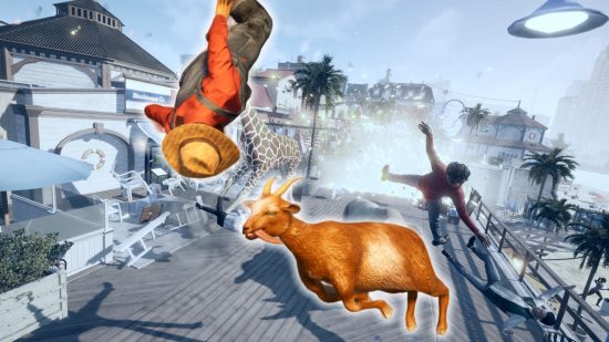Goat Simulator 3 Mobile release date: A goat headbutting a man in front of a giraffe on a pier