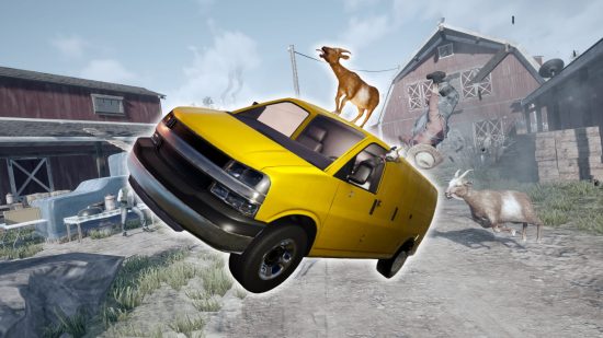 Goat Simulator 3 Mobile review, two goats driving a van in front of a farm