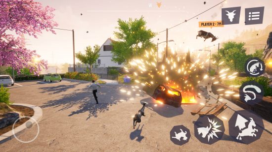 Goat Simulator 3 Mobile - a goat blowing up a car in a street