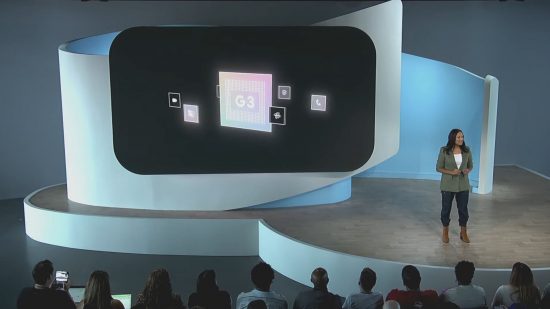 Screenshot from the Google Pixel 2023 event with the company showing off the new Tensor 3 chipset