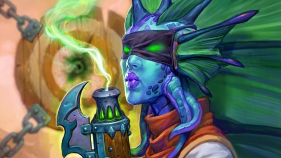 Hearthstone Demon Hunter: Art from Blindeye Sharpshooter of a blue-skinned Naga woman blowing smoke off a pistol. The background is slightly blurred