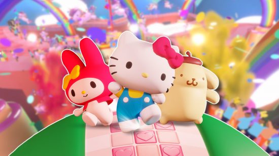 Hello Kitty and Friends Happiness Parade Switch release date: Hello Kitty, My Melo, and Pompompurin walking on a pink path on a green hill. This is outlined in white and pasted on a blurred game screenshot