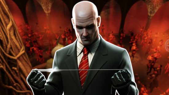 Hitman: Blood Money - Reprisal release date: Agent 47 outlined in white as he prepares a garotting rope, pasted on a scene from the game showing a birds eye view of a red dance club