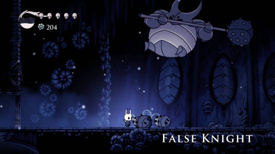 Hollow Knight review: The Knight battles The False Knight, a large rotund bug