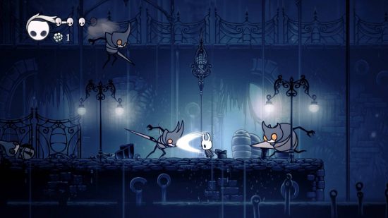 Hollow Knight review: The Knight attacks several bug enemies