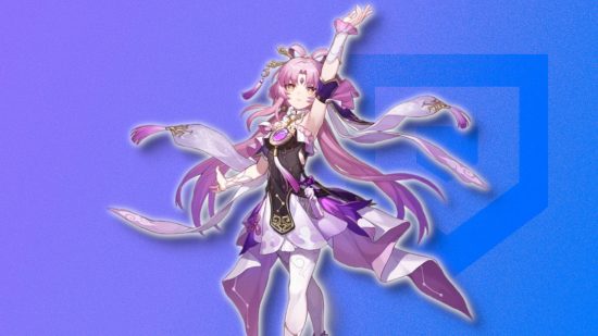 Honkai Star Rail tier list - Fu Xuan with her arm raised against a purple background with the Pocket Tactics logo on it
