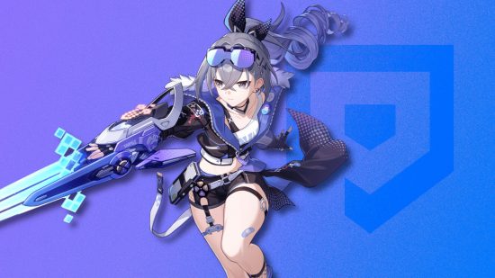Honkai Star Rail tier list - Silver Wolf pasted on a blue-purple Pocket Tactics background mimicking the quantum element colour. She is diving forward with her sword