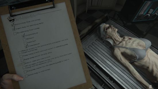 Horror games - a screenshot of the Mortuary Assistant, showing the player holding the clip board in front of a female corpse